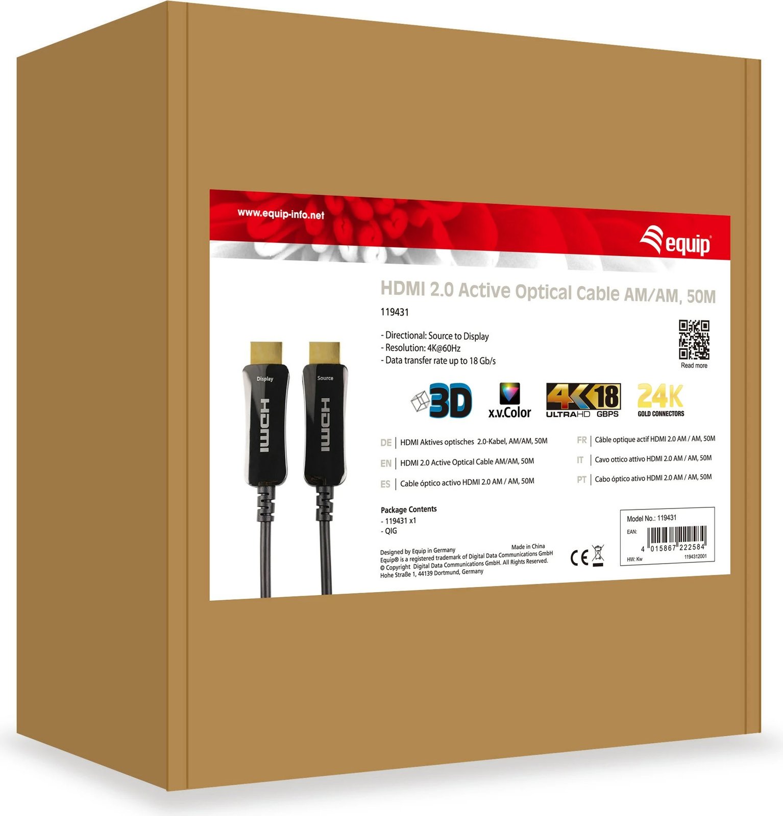 Kabllo HDMI 2.0 Active Optical Equip, 50m, 4K/60Hz, e zezë