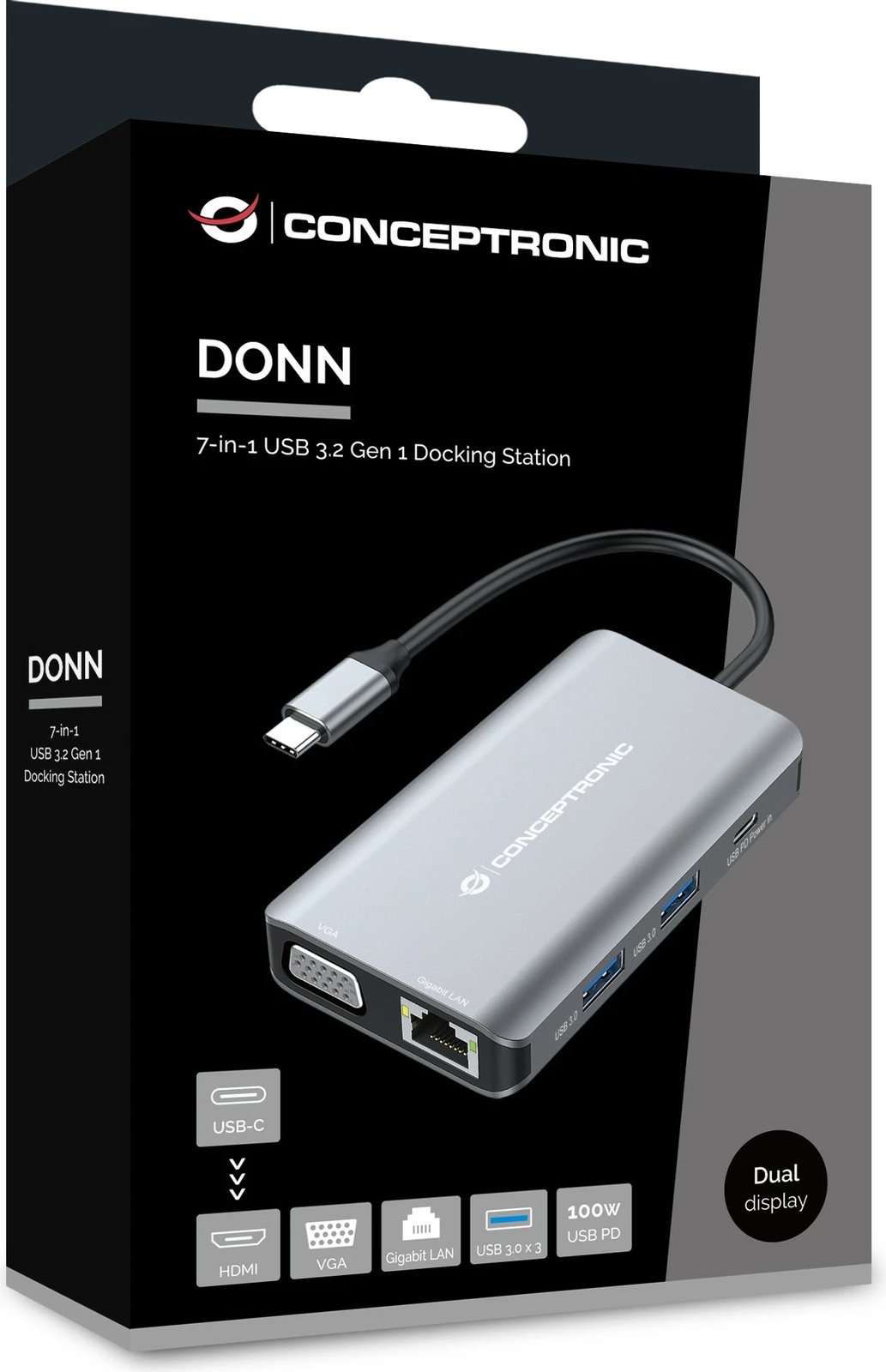 Docking station Conceptronic 7-1 USB-C HDMI VGA 3xUSB-A 25cm gri