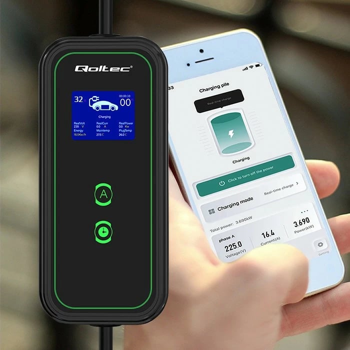 Karikues portativ për vetura elektrike Qoltec 52477, Type 2, 7kW, 5m, WiFi, i zi/gjelbër