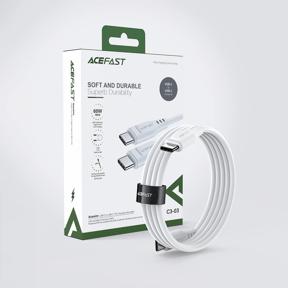 Kabllo Acefast C3-03 USB-C në USB-C, 1.2m, 60W, e bardhë