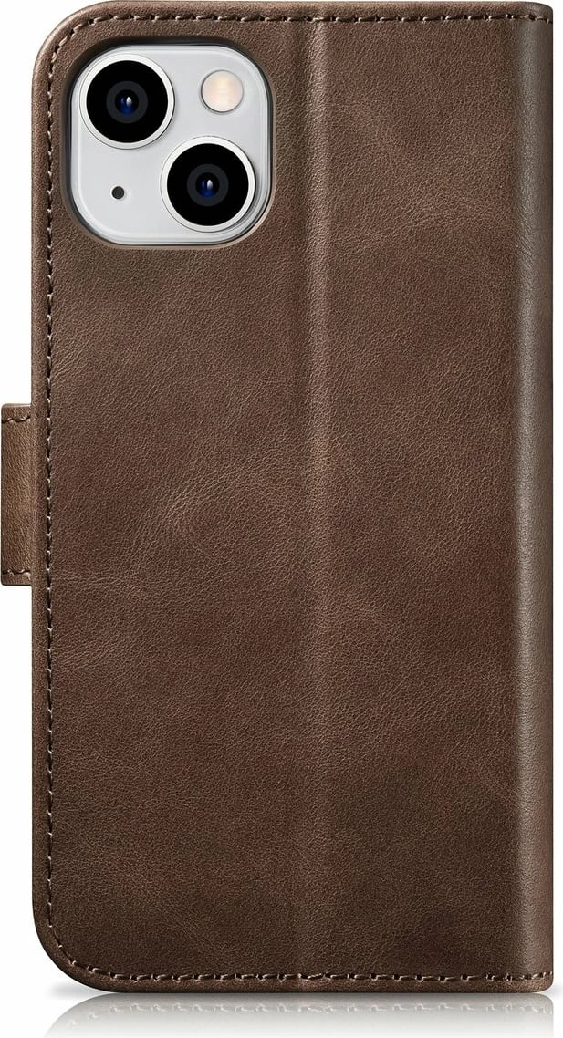 Mbështjellës iCarer Oil Wax Wallet 2in1 për iPhone 14, lëkurë natyrale, Anti-RFID, Kafe