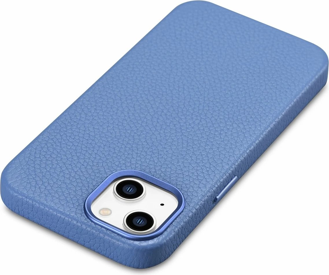 Mbështjellës iCarer Litchi Premium për iPhone 14, lëkurë natyrale, MagSafe, Kaltër e lehtë