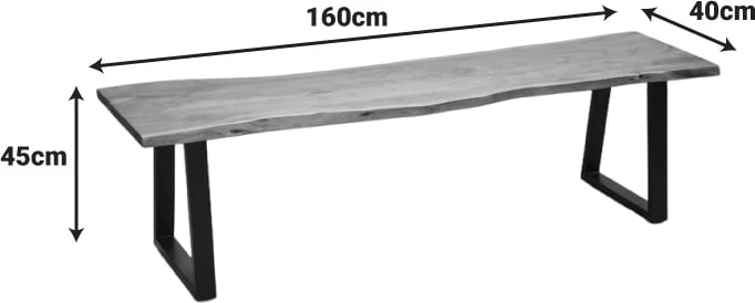 Bankë Miles Slim, dru akacie masiv, ngjyrë arre, këmbë metalike të zeza, 160x40x45cm