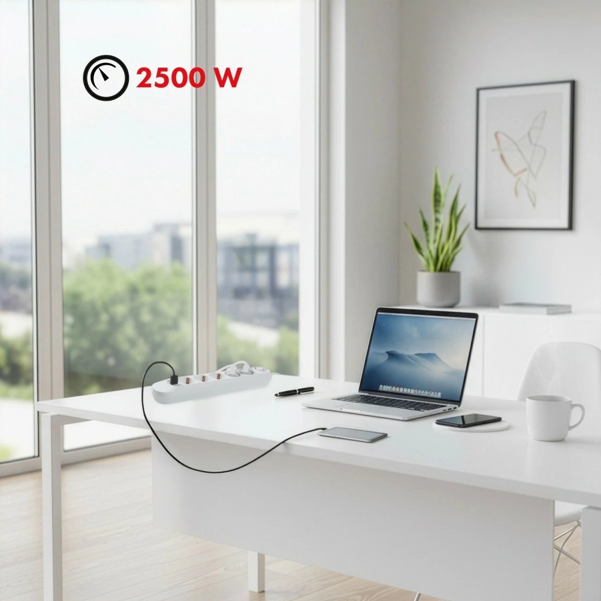 Zgjatues elektrik Maclean MCE395 W, 5 priza Schuko + 3x USB, 1.5 m, 2500W, me ndërprerës, e bardhë