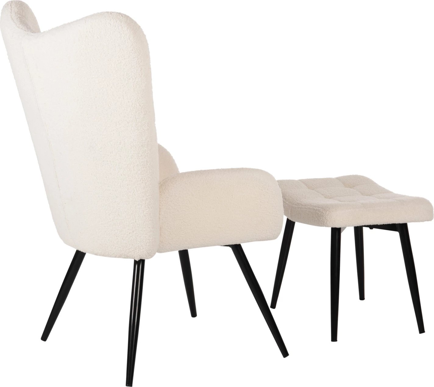 Fotel CRAWLEY me tabure, stof boucle i bardhë, këmbë metalike të zeza, FH8918.25, 70x74x105cm