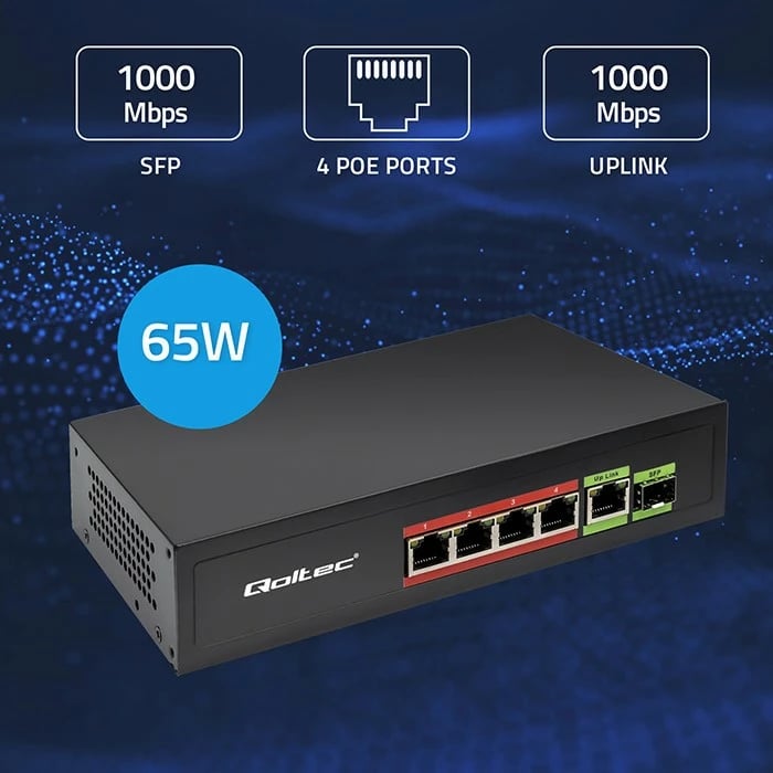 Switch Qoltec 52296, 4x RJ45 PoE, 1x RJ45 Uplink, 1x SFP, 65W, 1000 Mb/s, i zi