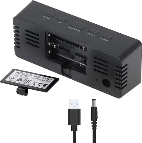Orë alarmi, Adler, AD 1189, LED me temperaturë dhome, 3 mënyra alarmi, USB + 3xAAA, e zezë