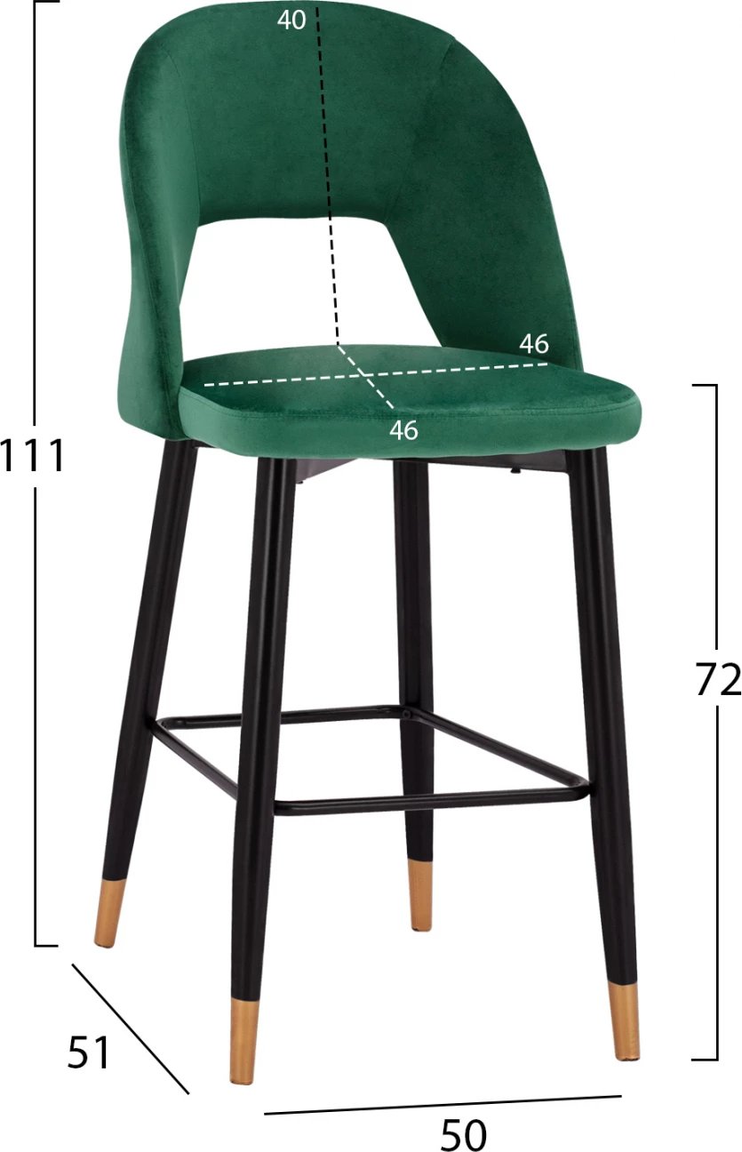 Karrige për bar Harper FH8526.03, kadife, ngjyrë cypress, me kornizë metalike, 50x51x111cm, set prej 2 copë