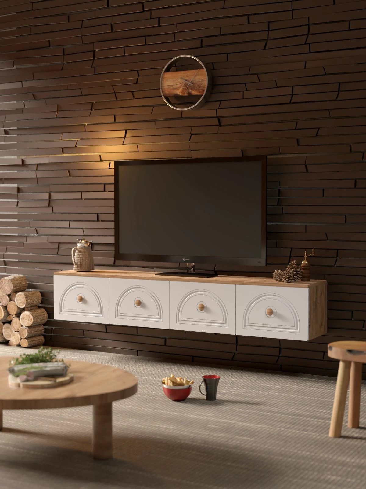 Komodë TV Skye Decor, Virella 180, ngjyrë pishë Atlantike dhe e bardhë