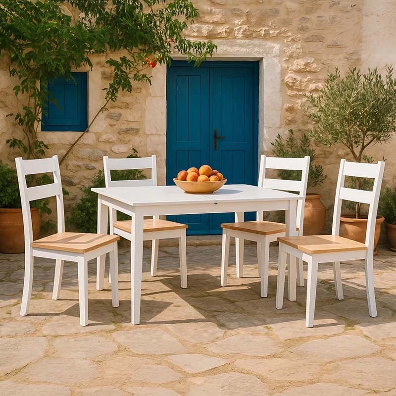 Set tavoline me karrige, zgjatshme, 5 pjesë, dru i bardhë, Mabor-York, 120-150x80x73.8cm