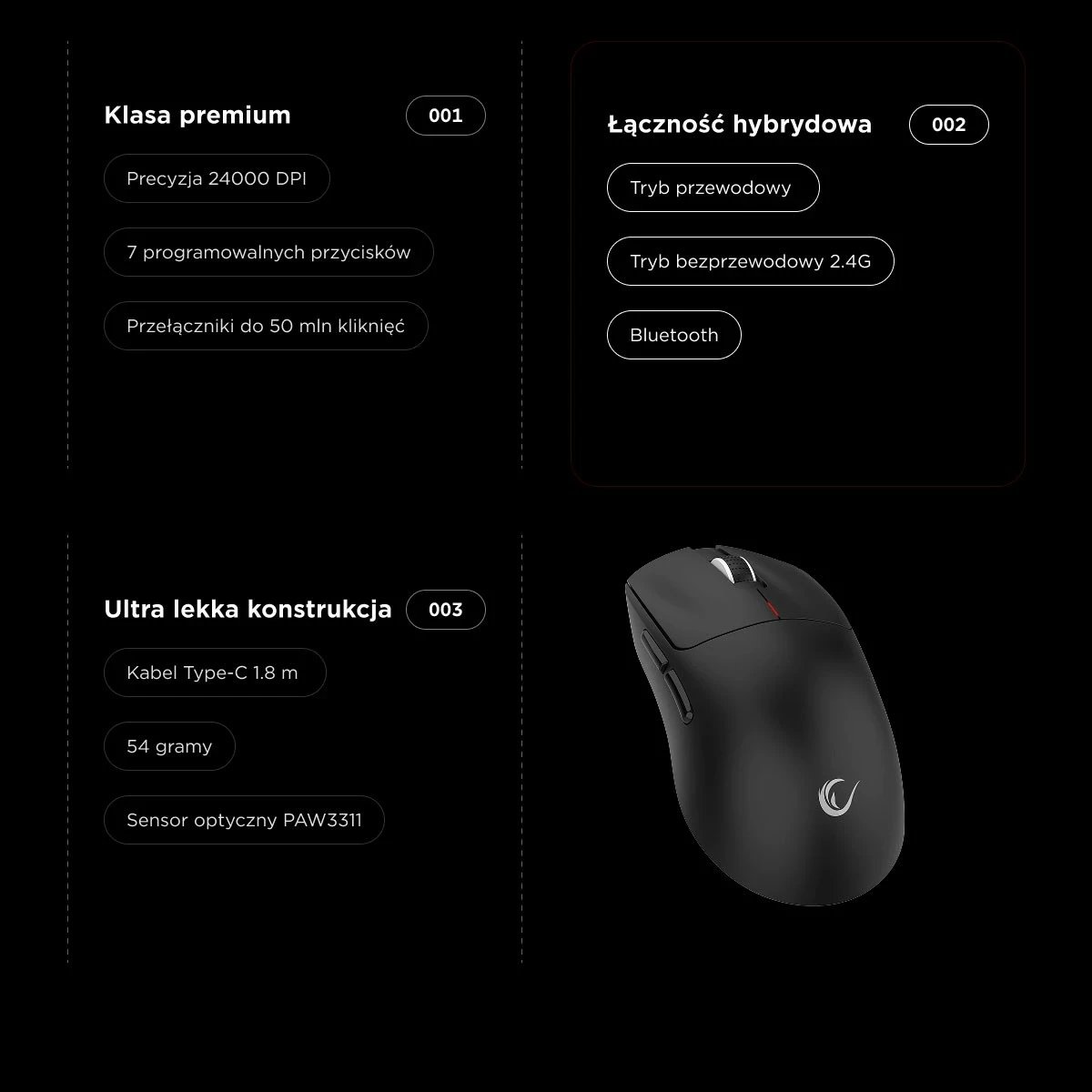 Maus Rampage Clax PAW3311, 24 000 DPI, wireless/wired, i zi