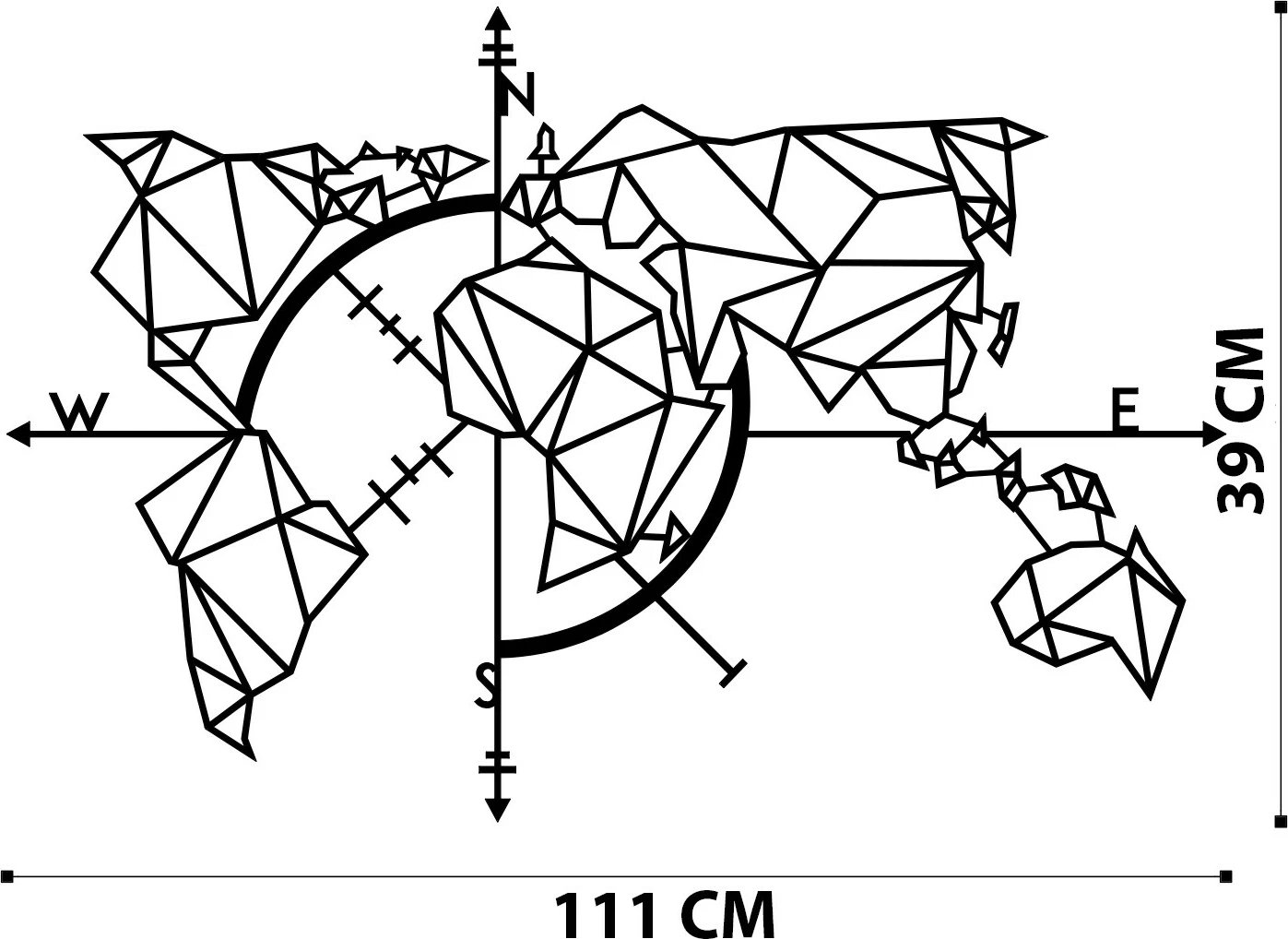 Aksesor dekorativ metalik për mur, hartë bote, Wallity, ngjyrë e zezë, 111x74cm