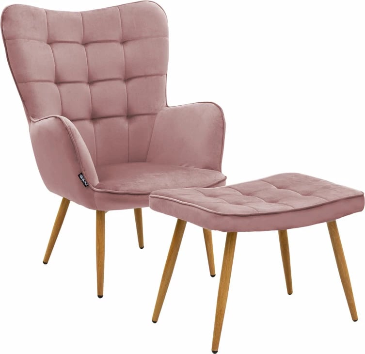 Fotelja Maddison me tabure-këmbë, kadife, ngjyrë molle të kalbur-natyrale, 68x72x98cm