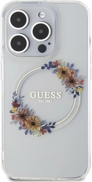 Mbështjellës Guess IML Flowers Wreath MagSafe për iPhone 15 Pro, Transparent Mbështjellës Guess IML Flowers Wreath MagSafe për iPhone 15 Pro, Transparent