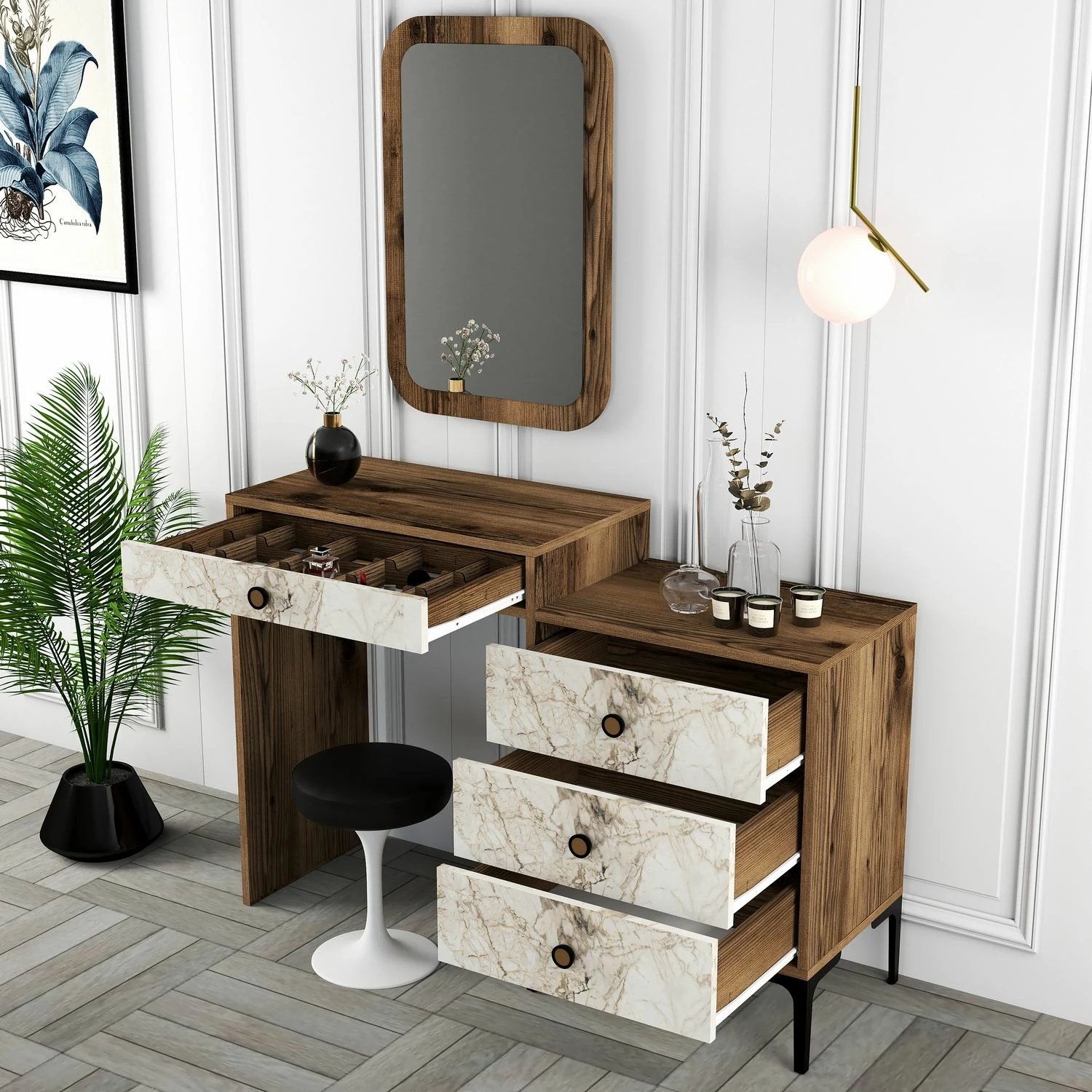 Tavolinë grimi Hanah Home, Lizbon 545, ngjyrë arre dhe e bardhë