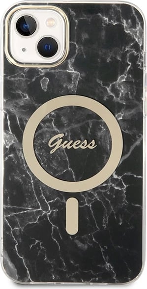 Set mbështjellës Guess Marble Collection me karikues wireless MagSafe për iPhone 14, 6.1", e zezë