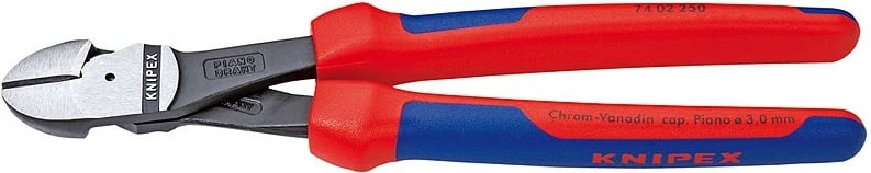 Këpucë diagonale Knipex 74 02 250, 250mm, krom-vanadium, dorezë plastike, kaltër/kuqe