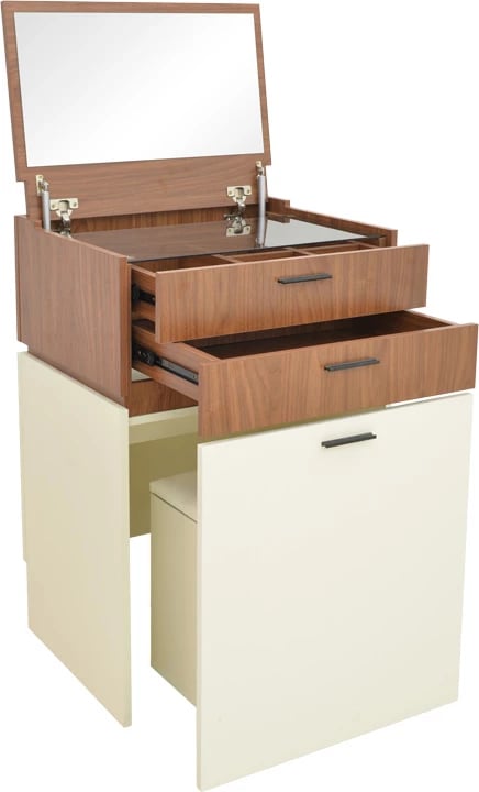 Tavolinë grimi Sonlen, ngjyrë arre-krem, 60x45x130cm, me pasqyrë dhe stol