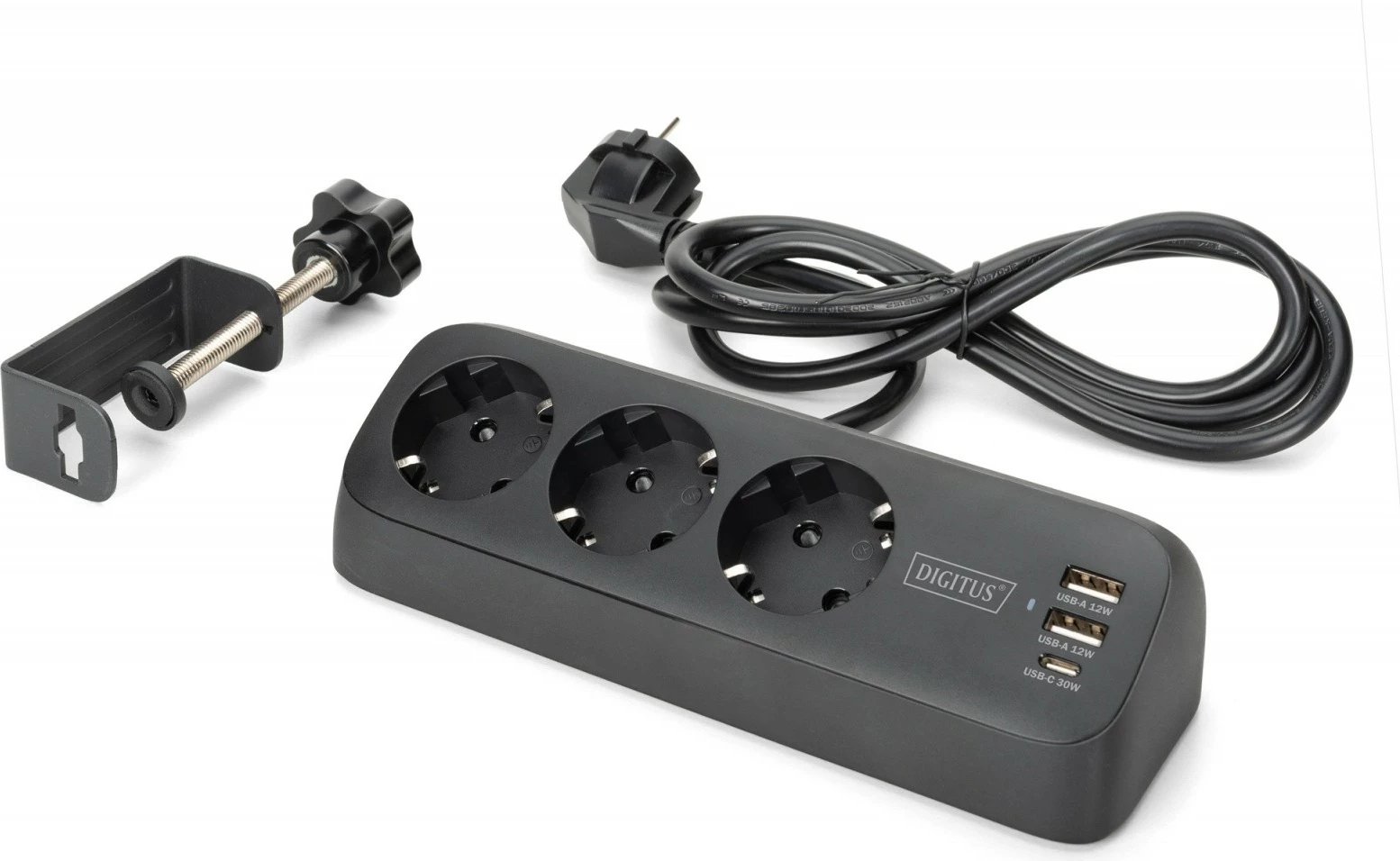 zgjatues prizash tavoline, Digitus, DA-70625, 3x Schuko, 2x USB-A 12W, 1x USB-C 30W, kapëse për tavolinë, kabllo 1.5 m, e zezë