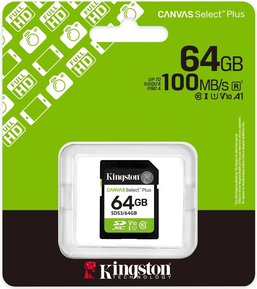 Kartelë memorie Kingston Canvas Select Plus Gen3 64GB SDXC, 100MB/s, Gjelbër Kartelë memorie Kingston Canvas Select Plus Gen3 64GB SDXC, 100MB/s, Gjelbër