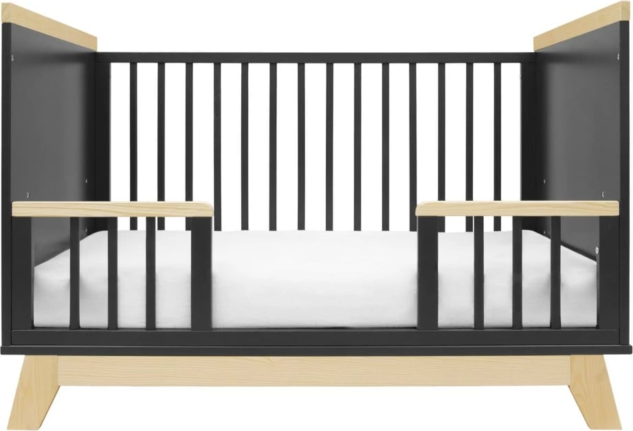 Krevat fëmijësh New Baby Marcus 120x60 cm me barrierë sigurie, bazë me grila 3 nivele, dru pishe/MDF, grafit/natyral