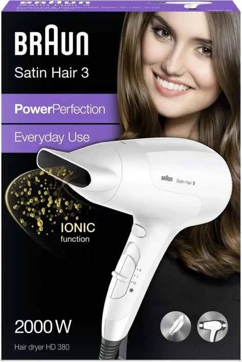 Tharëse flokësh, Braun, Satin Hair 3 HD380, 2000 W, 3 temperatura, 2 shpejtësi, jonizim, e bardhë