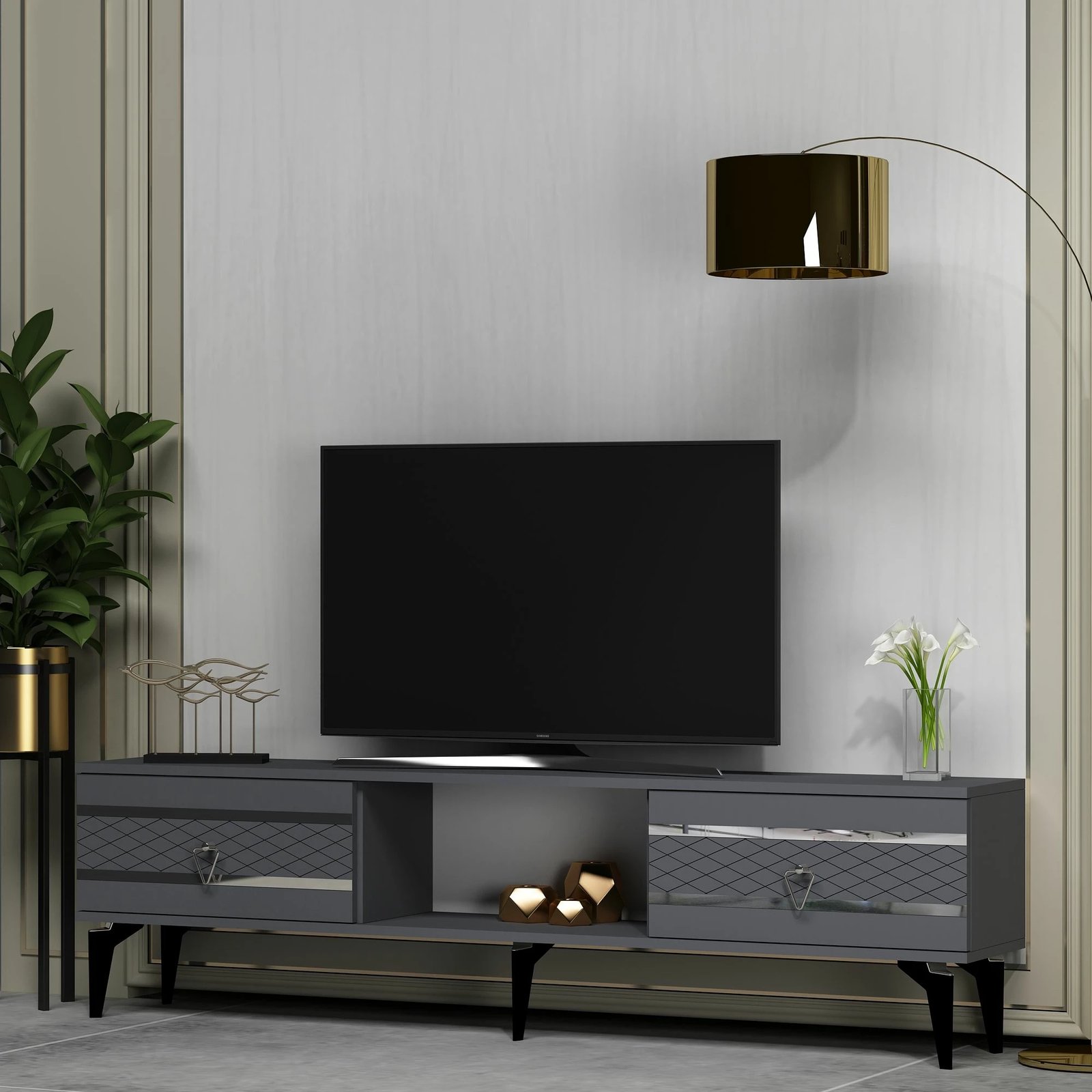 Komodë për TV Skye Decor, pelin-antracit, argjend