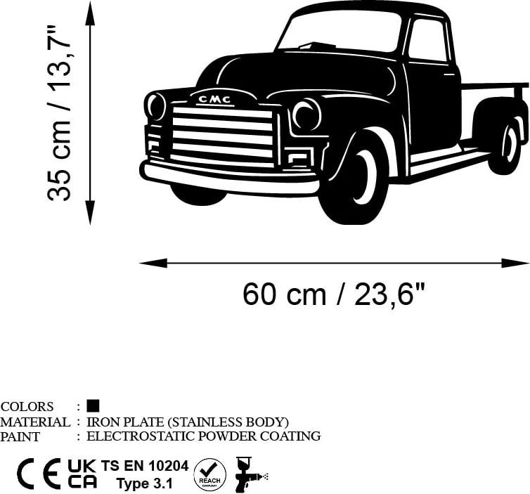 Aksesor dekorativ metalik për mur, kamion GMC 3100, ngjyrë e zezë, 60x35cm