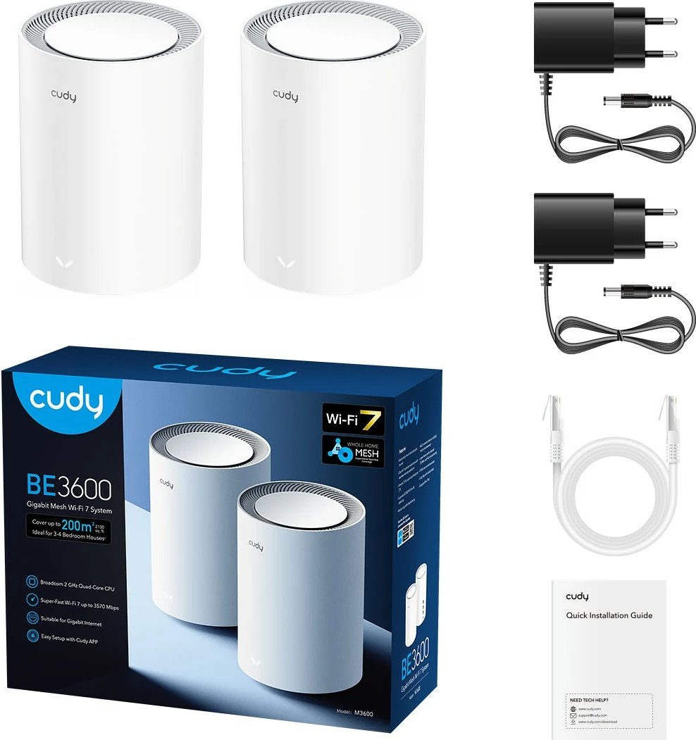 Router Wi‑Fi 7 mesh, Cudy M3600 (BE3600), 3600 Mb/s dual-band gigabit, 3x Gigabit port, i bardhë, 2-pack