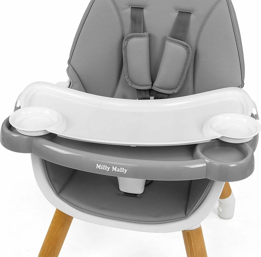 Karrige ngrënie 2‑në‑1 për fëmijë, Milly Mally, Malmo, konvertim karrige e lartë/karrige e ulët + tavolinë, rrip 5‑pikësh, tabaka e heqshme, dru ahu, eco‑lëkurë, gri