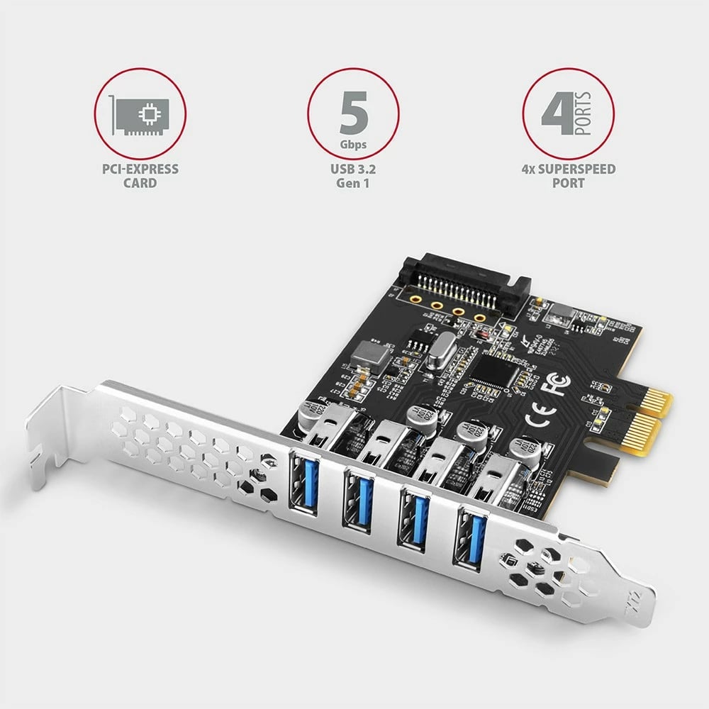 Kartë zgjerimi AXAGON PCEU-43RS, 4x USB 3.2 Gen 1, PCIe, Renesas, me furnizim SATA