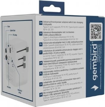 Adapter universal udhëtimi, Gembird, TPA-2A3C70-01-W, 70 W GaN, USB-C PD + USB-A QC, prizë AC universale, e bardhë