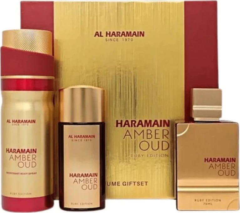 Set Eau de Parfum dhe deodorant unisex Al Haramain Amber Oud Ruby Edition 75ml + 30ml + 200ml