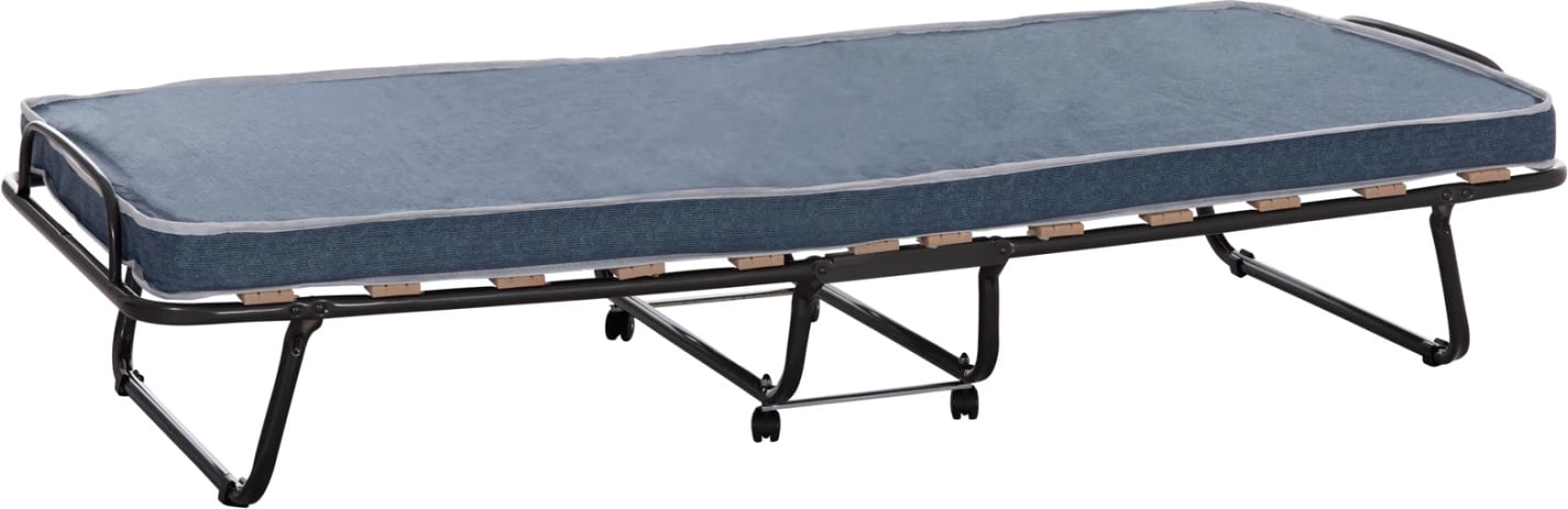 Krevat palosës metalik me rrota, dyshek 6.5cm, pamje xhinse blu, 80x183x37.5cm