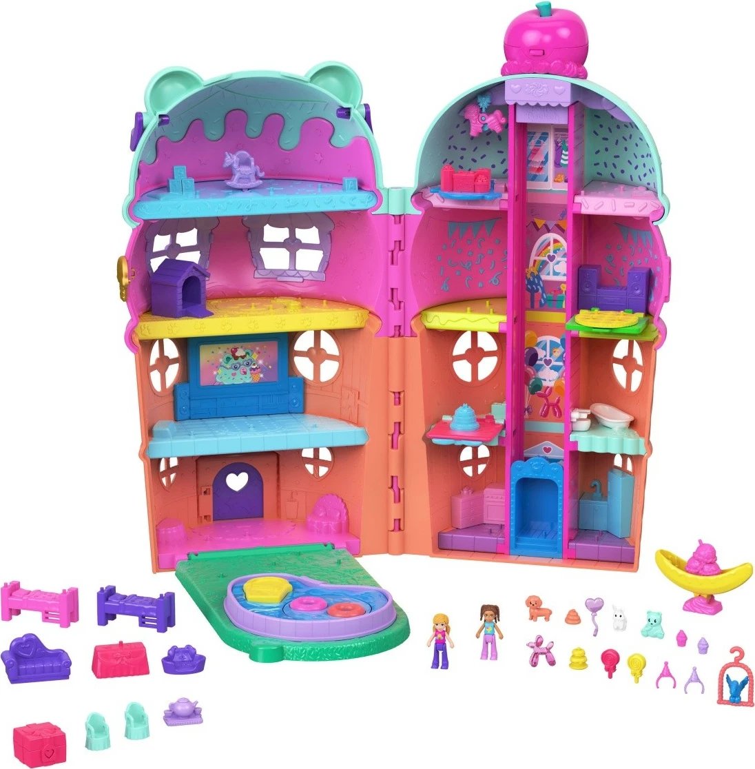 Set lodrash Polly Pocket Ice Cream House, Mattel JFT91, me 2 kukulla dhe 25 aksesorë, shumëngjyrësh