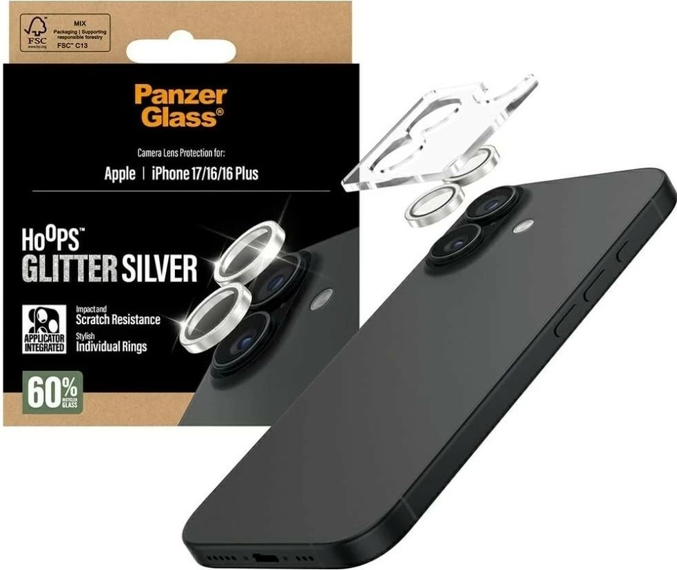 Mbështjellës lente PanzerGlass Hoops Glitter për iPhone 17/16/16 Plus, argjendtë