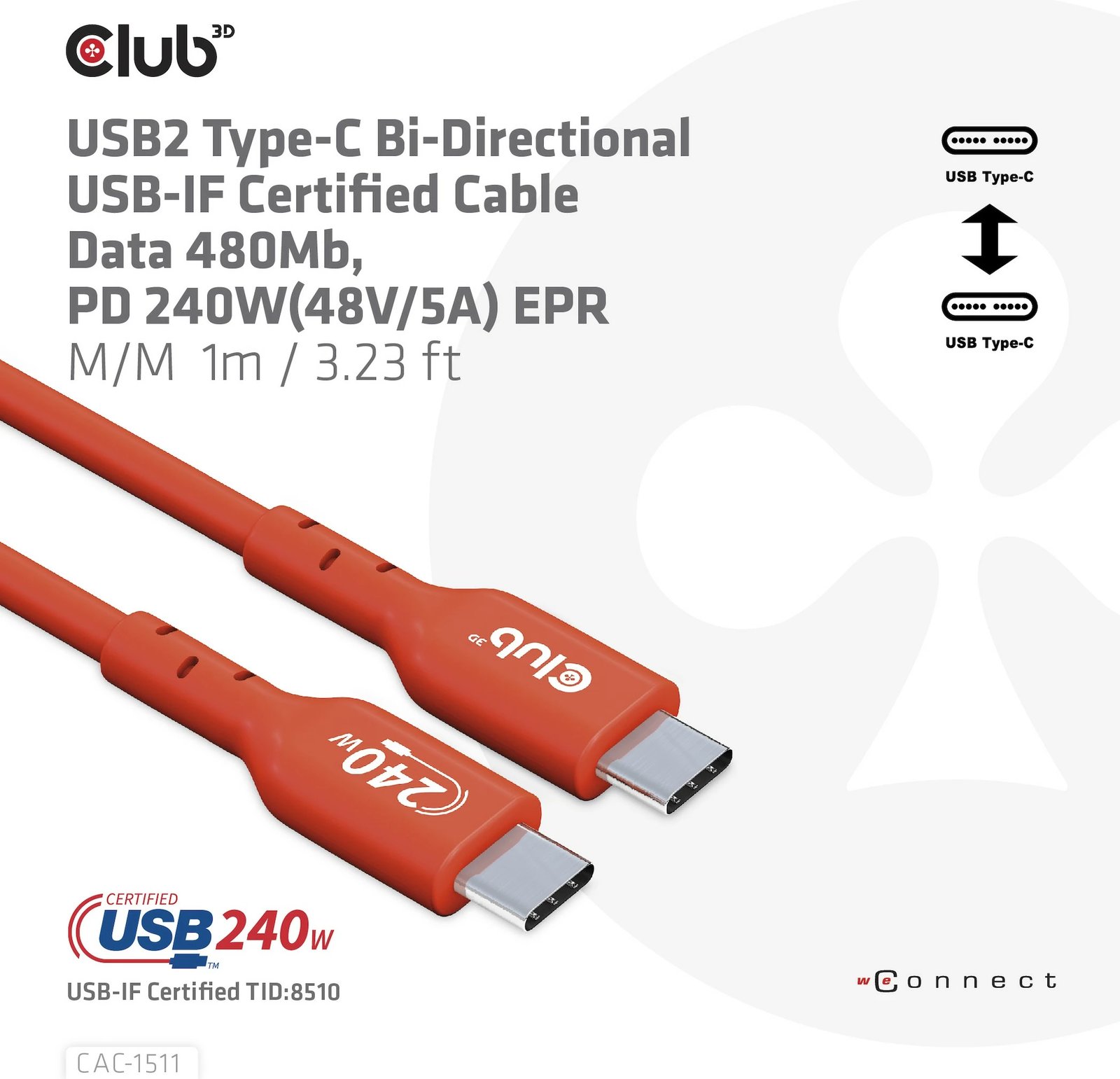 Kabllo USB-C Club3D 4m, 240W, 480Mb/s, e kuqe