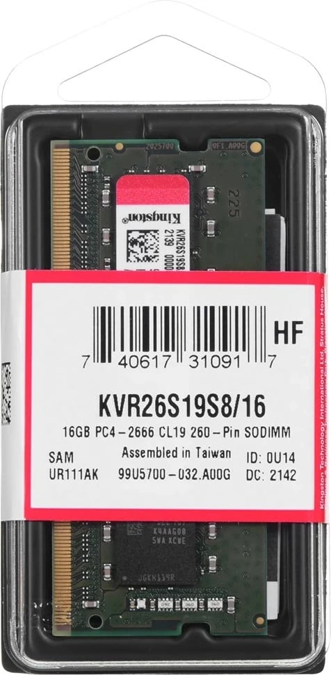 RAM Memorje Kingston KVR26S19S8/16, 16 GB, DDR4, 2666 MHz