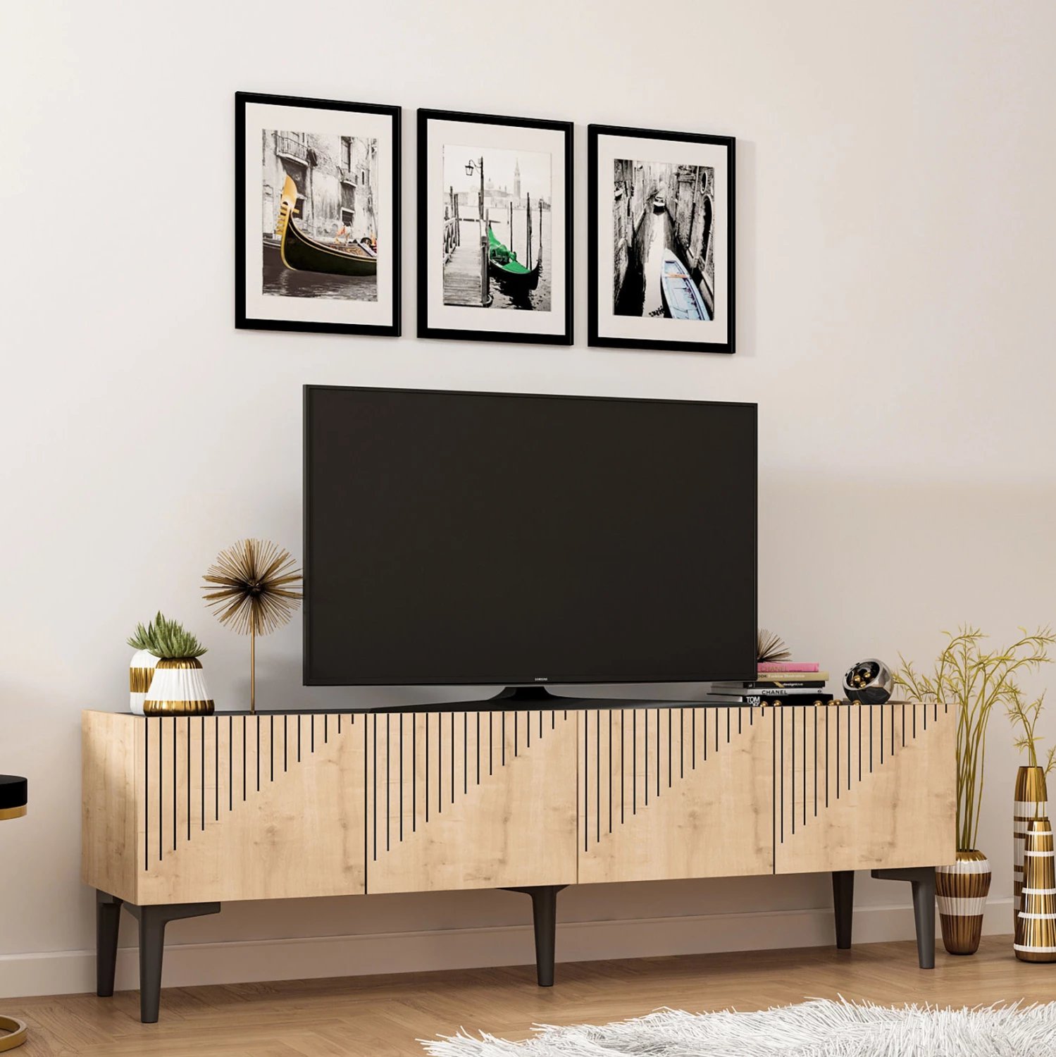 Mobilje TV melamin, ngjyrë natyrale dhe sipërfaqe mermeri të zi, 154x37x45Hcm, FH9435.01