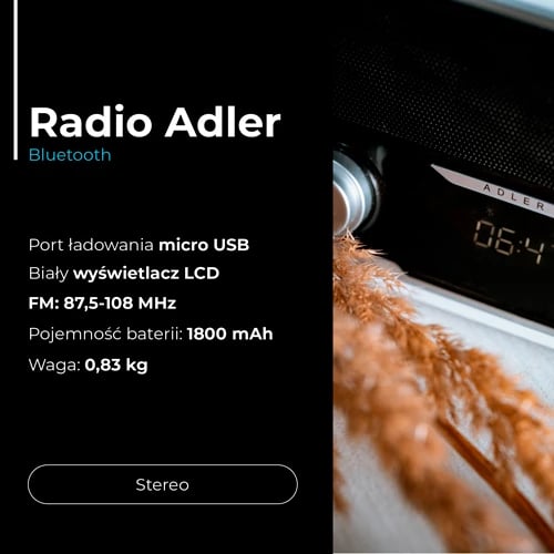 Radio Bluetooth Adler AD 1185, FM, USB/SD/AUX, stereo 2x5W, bateri 1800 mAh, me orë, e bardhë