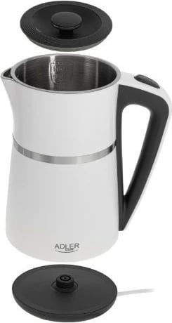 Çajnik elektrik, Adler, AD1355W, 1.7 L, 2200 W, mure të dyfishta, çelik inox brenda, bazë 360°, bardhë-e zezë