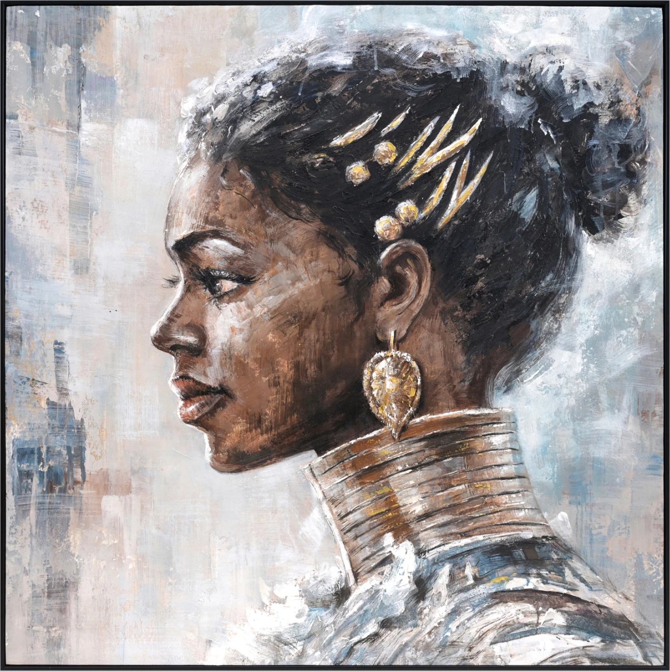 Pikturë muri FH4544 me kornizë të zezë PS, kanavacë e printuar me profil gruaje, 102x4.5x102 cm