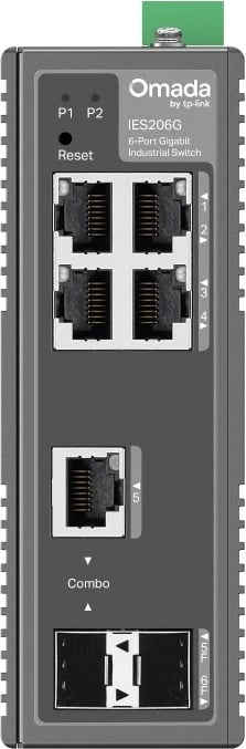 Switch industrial TP-Link Omada IES206G, 6 porta Gigabit (4x RJ45, 1x RJ45/SFP Combo, 1x SFP), IP40, -40~75°C, menaxhim i lehtë Omada, montim DIN/mur