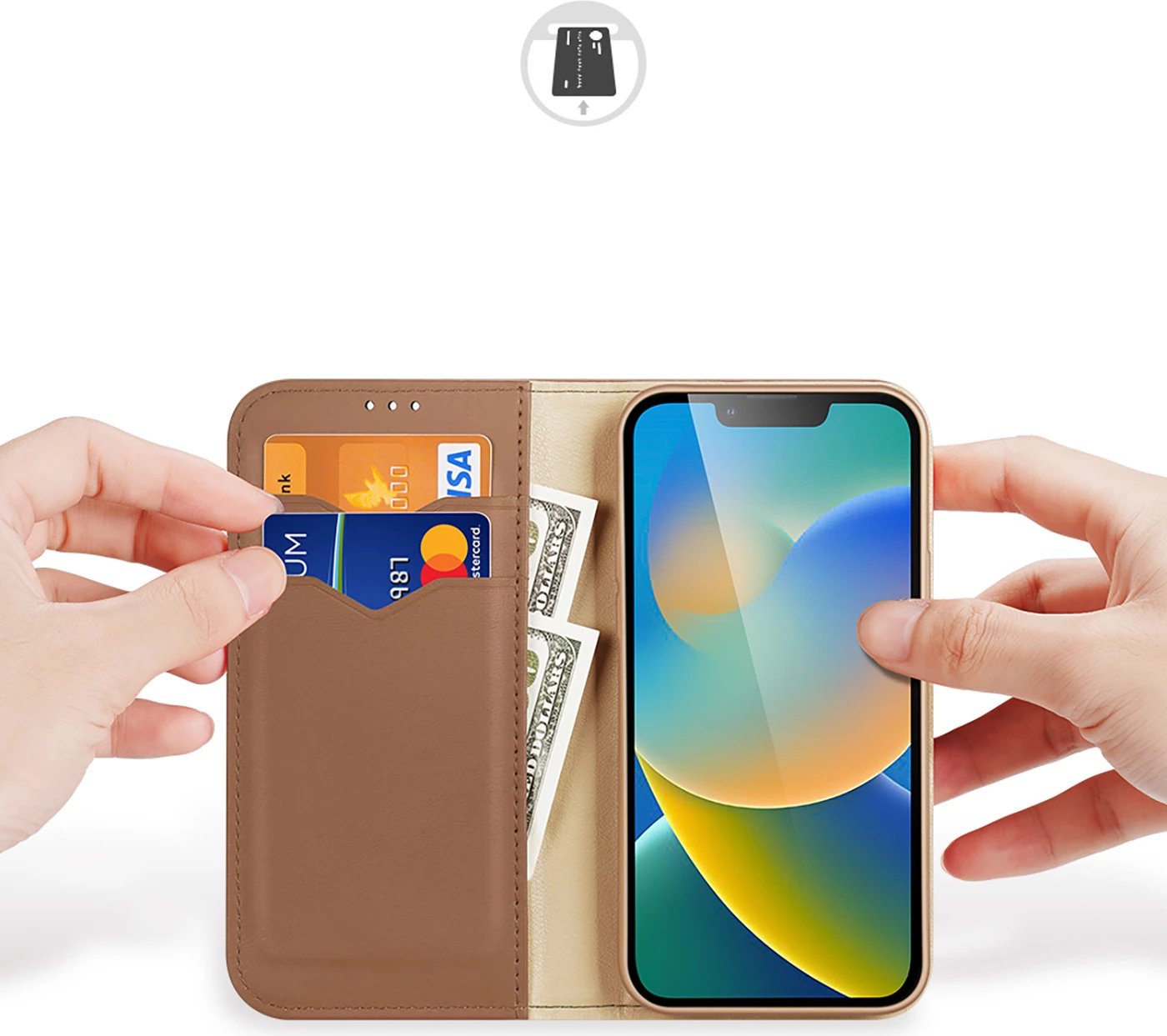 Mbështjellës Dux Ducis Hivo për iPhone 14, lëkurë natyrale, kafe