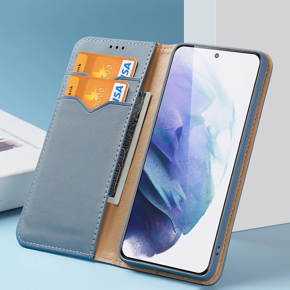 Mbështjellës Dux Ducis Hivo për Samsung Galaxy S22+, lëkurë natyrale, me xhepa për karta, Blu