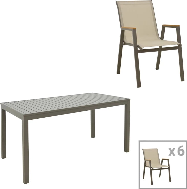 Set tavolinë me karrige për terasë Kliton-Azelie, ngjyrë shampanjë, 150x80x74cm, 7 copë