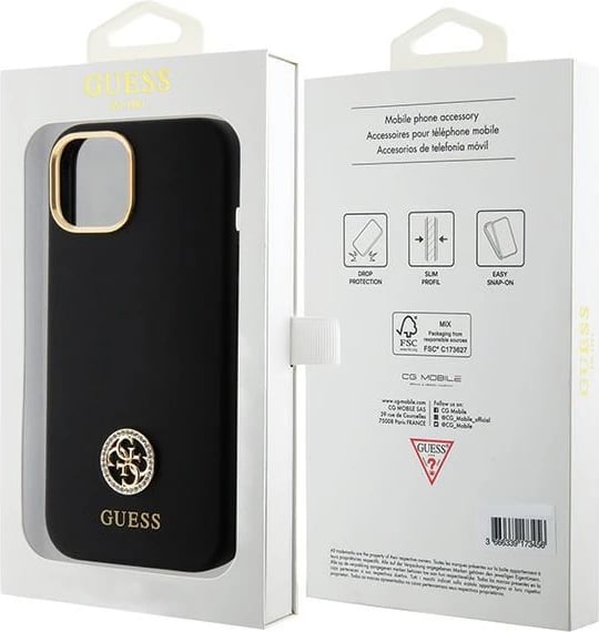 Mbështjellës Guess Silicone Logo Strass 4G për iPhone 15, i zi