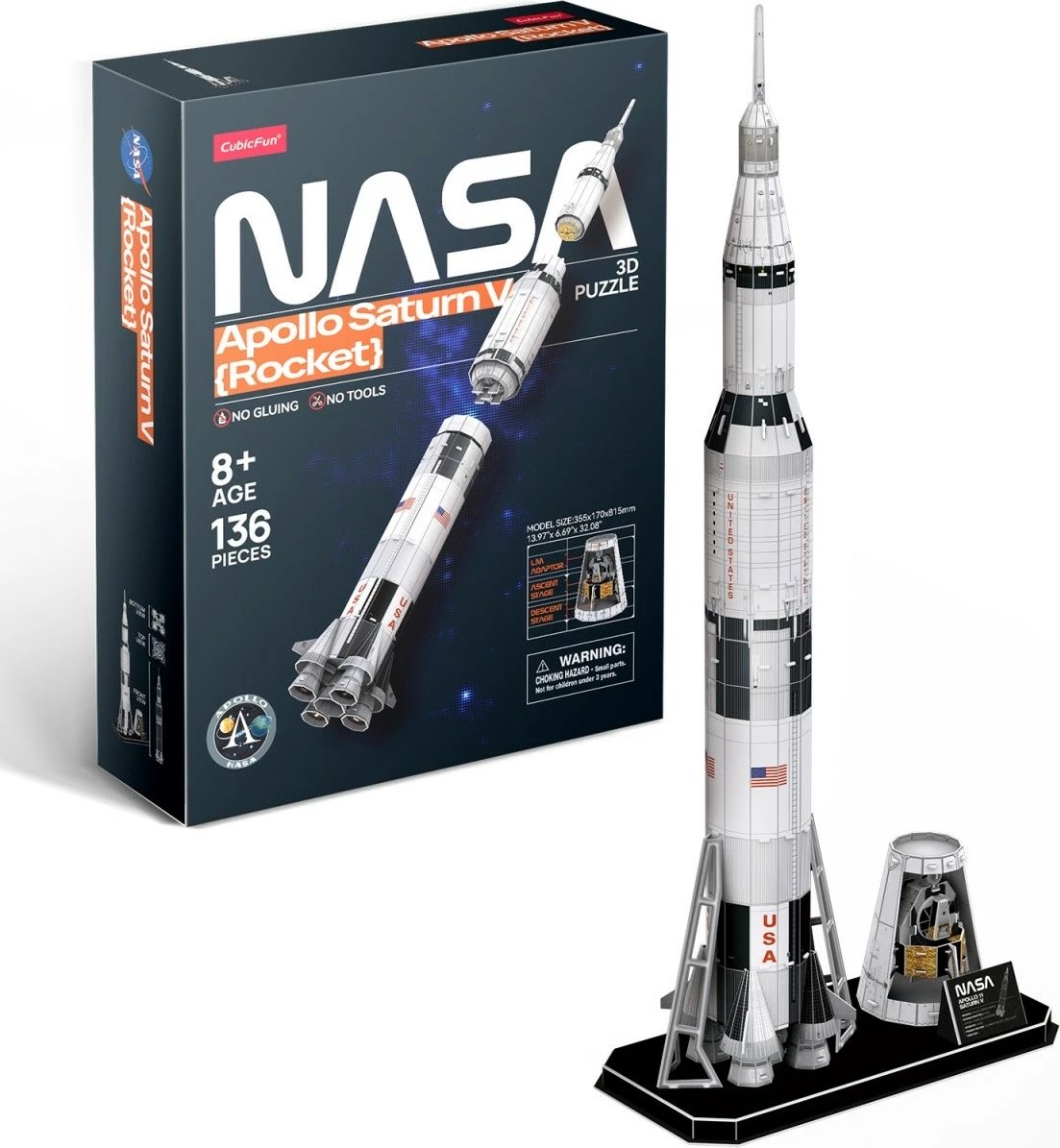 Puzzle 3D, CubicFun, Apollo Saturn V Rocket 306-DS1059, 136 pjesë, 35.5×17×81.5 cm, për moshën 8+