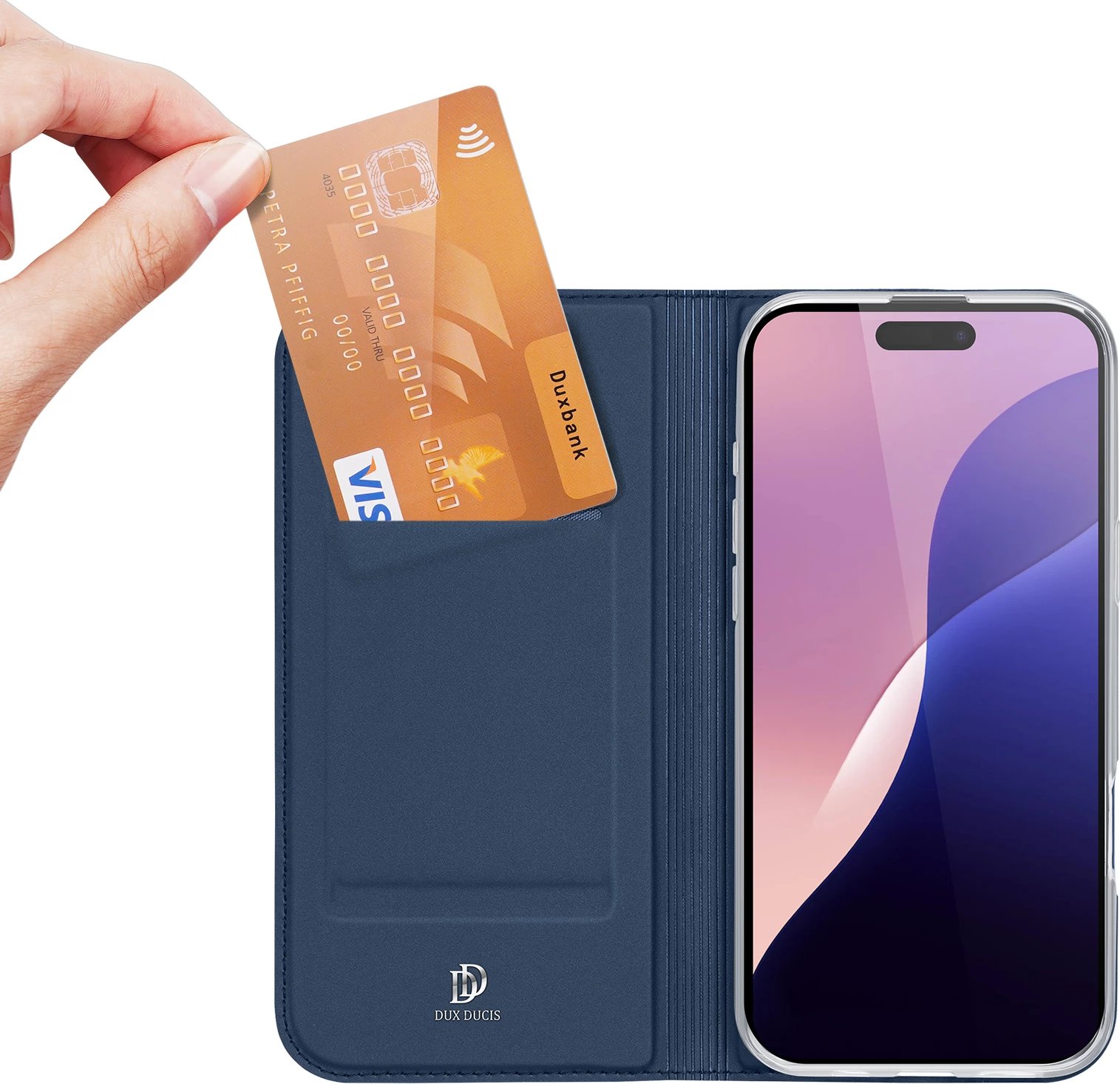 Mbështjellës Dux Ducis Skin Pro për iPhone 16 Pro Max, me kapak dhe xhep për kartela, kaltër Mbështjellës Dux Ducis Skin Pro për iPhone 16 Pro Max, me kapak dhe xhep për kartela, kaltër