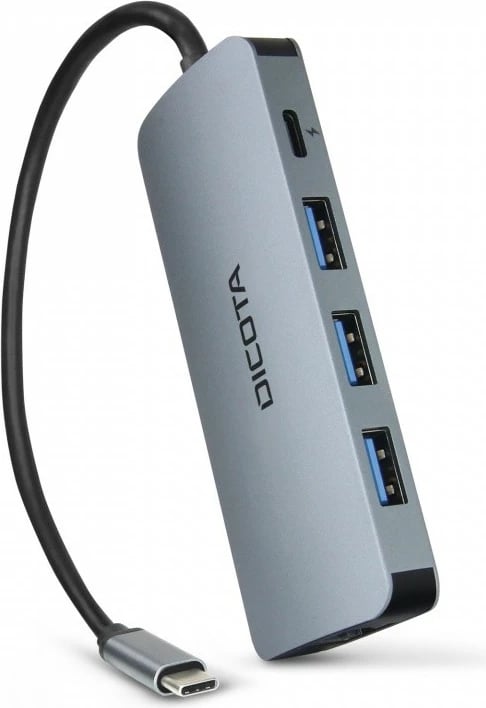 Hub USB‑C 8‑në‑1 DICOTA D32062 4K, PD 100W, HDMI, RJ‑45, 3x USB‑A, USB‑C, lexues SD/microSD argjendtë
